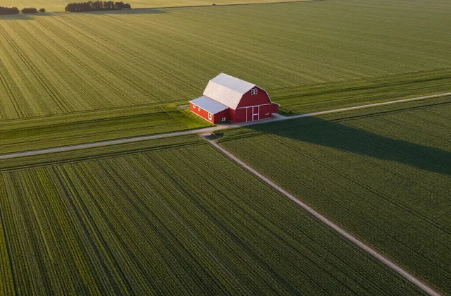 Farmstead with barn and fields at sunset